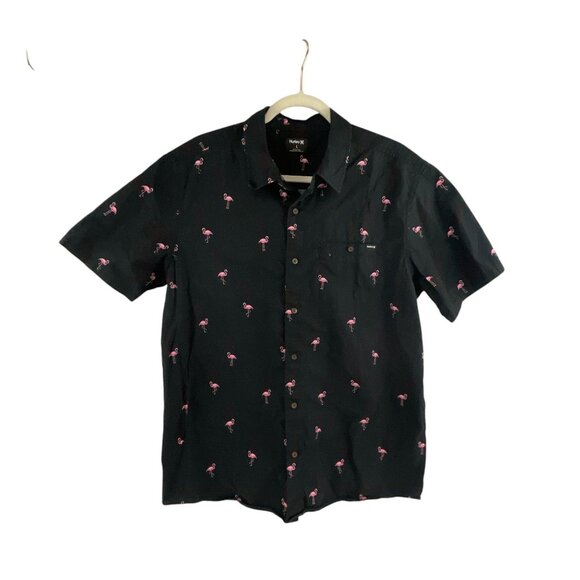 Hurley Black Button-Up Shirt Pink Flamingo Print Short Sleeves Casual Vacation L - Picture 6 of 12